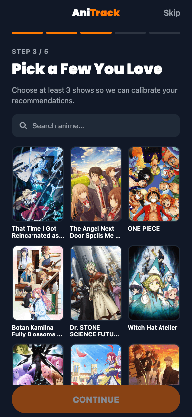 AniTrack Pick Your Shows screen