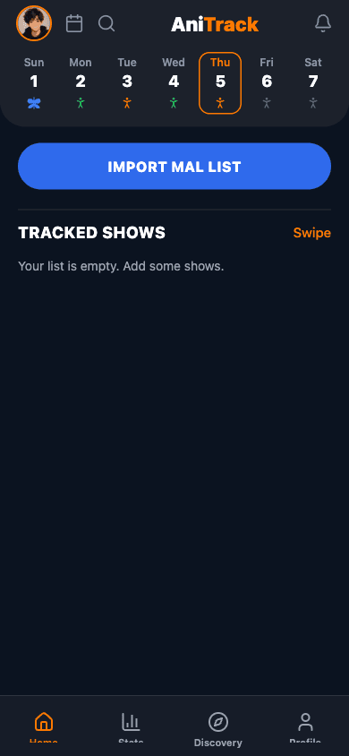 AniTrack home dashboard showing the weekly airing calendar and tracked shows
